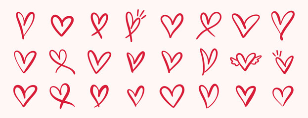pink hand drawn hearts. unique heart various styles and shapes. Pink hearts doodle artistic set. Valentines hearts