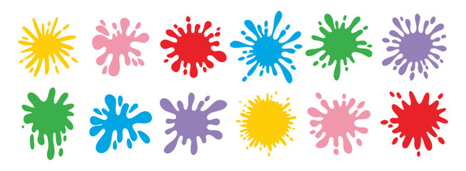 Colorful splatters different shapes. Bright stains and splashes. Ink blots collection clipart elements.