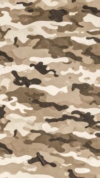 Seamless camouflage pattern with earth tone irregular shapes in brown, beige, white, and black creating an abstract camo textile design