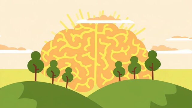 mental health video animation, simple vector illustration of a brain like the sun, with trees, hills, and a bright sky