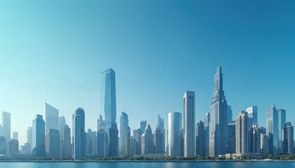 Obraz premium Modern city skyline with tall skyscrapers, clear blue sky above calm waterfront. Urban landscape showcases contemporary architecture against backdrop of pristine air quality. Future city development.