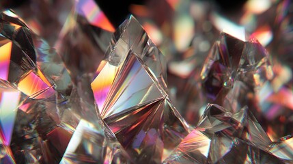 Close-up of faceted, crystalline structures with refracted light creating vibrant rainbow reflections