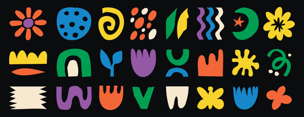 Fototapeta premium Abstract doodle elements with spirals, plants and wavy lines in naive style. Hand drawn.