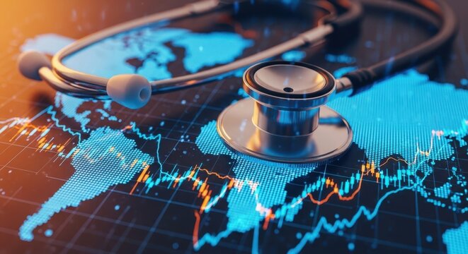 Stethoscope and digital globe symbolizing global health and medical innovation technology advancement - Powered by Adobe