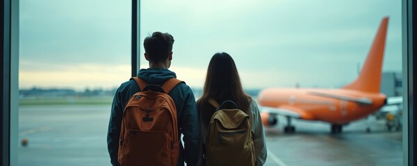 Couple with backpacks at airport looks at plane through window. Man and woman waiting for flight in departure lounge. Travelers ready for journey. Vacation and tourism concept.