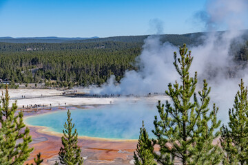 Grand Prismatic Spring Overlook, Yellowstone National Park, Wyoming. Hydrothermal System. hot-spring deposits. Extremophile. 
