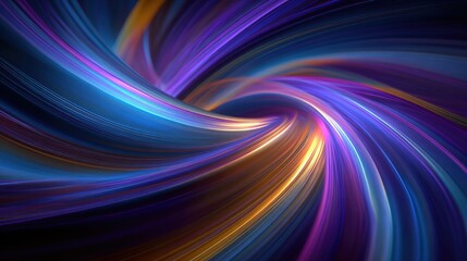 Abstract swirl of dynamic light. The colors blend in a vortex, transitioning from gold to purple, then blue