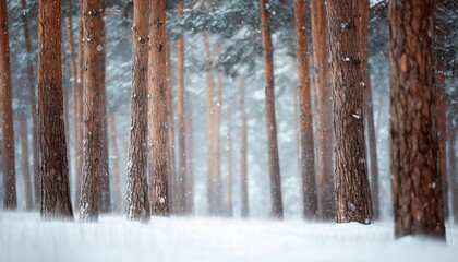 High-Quality Photo Of Snowfall In A Pine Forest, Capturing The Winter Scenery With Selective Focus On The Beautiful Landscape.