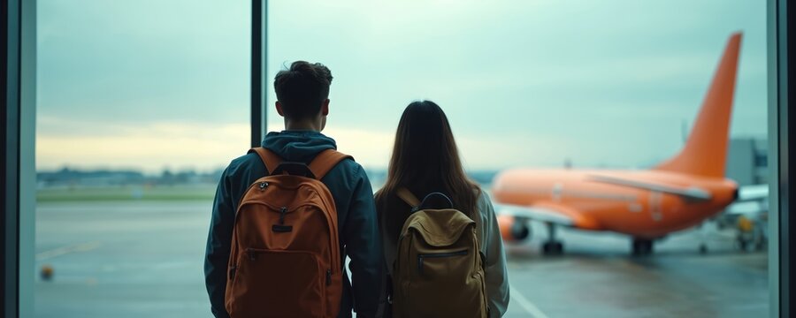 Couple with backpacks at airport looks at plane through window. Man and woman waiting for flight in departure lounge. Travelers ready for journey. Vacation and tourism concept.