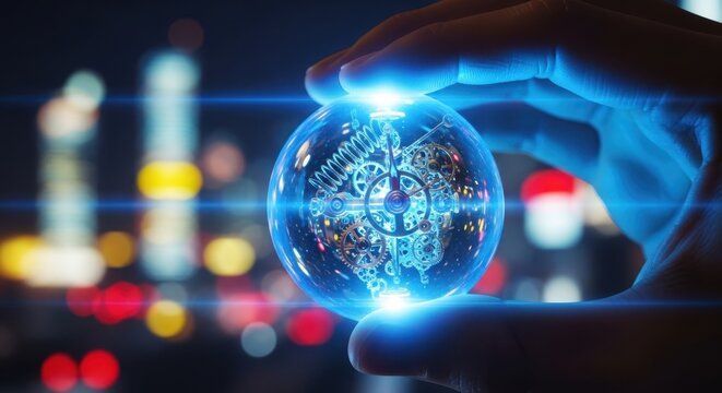 Futuristic hand holding glowing digital globe with city lights bokeh background for technology innovation