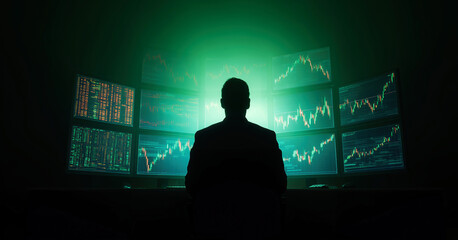 Silhouette of trader sitting in front of multiple computer monitors displaying financial charts and stock market. Concept of trading, finance, investment, crypto trading. Created with generative AI