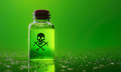 Glass bottle filled with glowing green liquid and a skull and bones symbol, poison or toxic substance. Concept of danger, toxicity, biohazardous chemicals. Created with generative AI