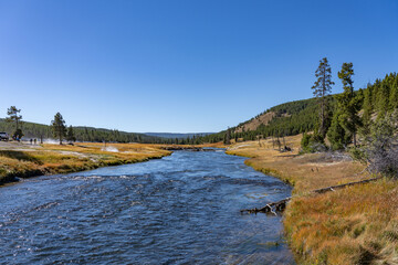 Firehole River. Fairy Falls Trailhead, Yellowstone National Park, Wyoming. Hydrothermal System. hot-spring deposits. Extremophile. 
