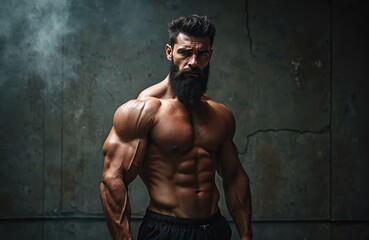 Naklejka na ściany i meble A strong man with a beard poses. The photo presents muscles physique. The male athlete stands against the concrete wall. Bodybuilding and fitness concept. Black shorts.