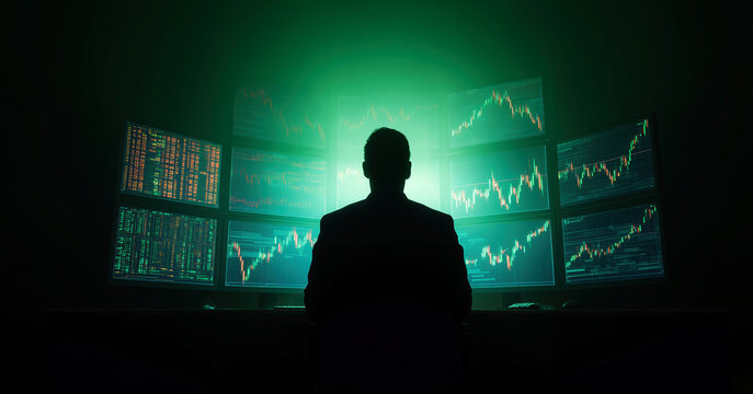 Silhouette of trader sitting in front of multiple computer monitors displaying financial charts and stock market. Concept of trading, finance, investment, crypto trading. Created with generative AI