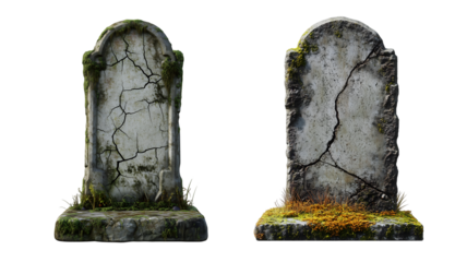 Collection of Old, Cracked Tombstone Covered in Moss and Grass with Rough Surface on Transparent Background