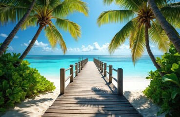 Wooden pier stretches towards ocean. Tropical scene of palm trees beach paradise. Turquoise water meets blue sky horizon. Perfect travel vacation photo.