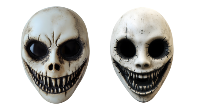 Set of Spooky Ghost Face Mask With Distorted Features for Halloween on Transparent Background