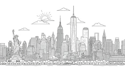 Fototapeta premium Skyline of New York City Line Art Illustration with Landmarks