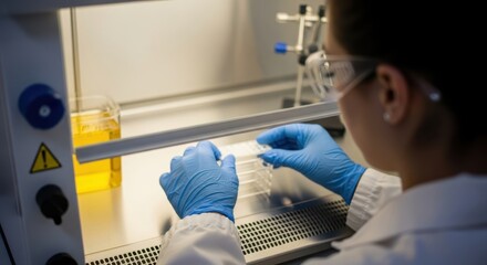 Scientist in sterile cabinet performing laboratory experiment with petri dishes and gloved hands