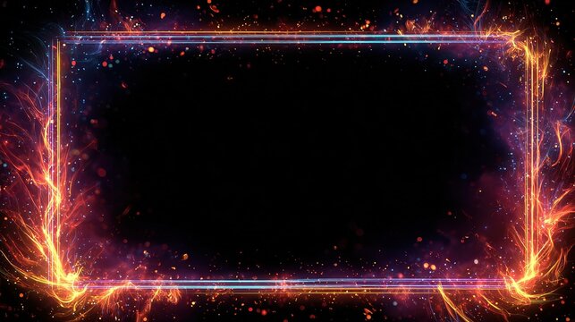 A glowing rectangular frame with fiery edges and sparkling particles, isolated on a black background