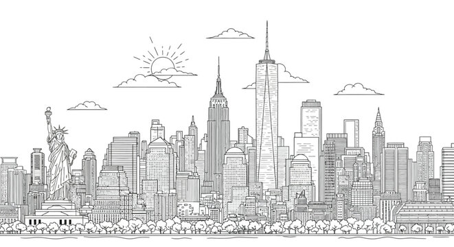 Skyline of New York City Line Art Illustration with Landmarks