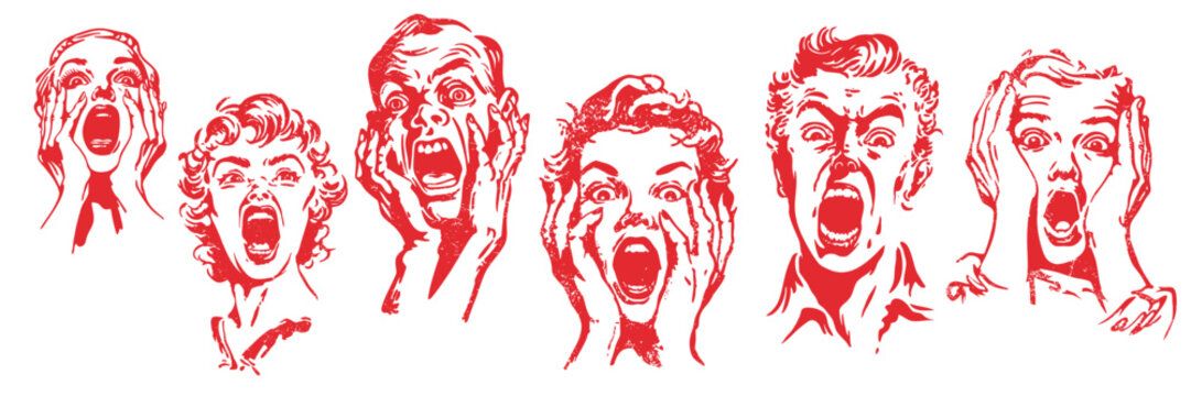 Halloween screaming faces design element set in vintage horror sketch style for posters and graphics