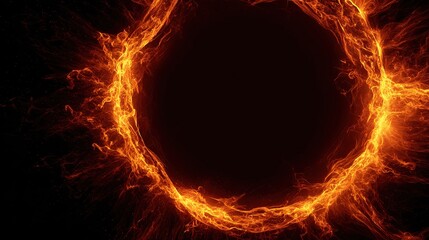Fiery, swirling energy creates a ring, framing a dark void. Intense oranges and reds define it
