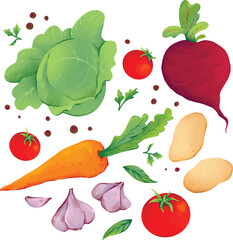 Vegetables vector illustration. Farm harvest with carrot, beetroot, tomato and healthy food elements.