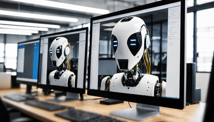 a humanoid robot head displayed on computer monitors in a modern office or lab, symbolizing AI development, programming, and virtual simulation technology.