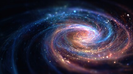 A vibrant, swirling galaxy of blues, golds, and purples against a deep space backdrop