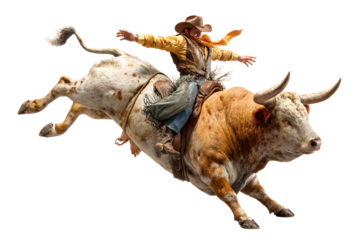Dynamic cowboy rides bucking bull with intensity, capturing the thrill of rodeo action and wild spirit