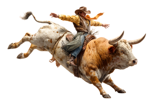 Dynamic cowboy rides bucking bull with intensity, capturing the thrill of rodeo action and wild spirit