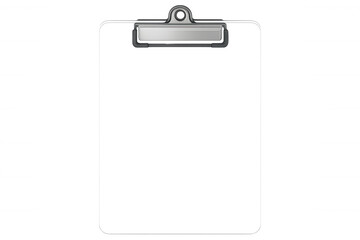 Metal clipboard clip holding document, empty blank paper space, office stationery supply with transparent background