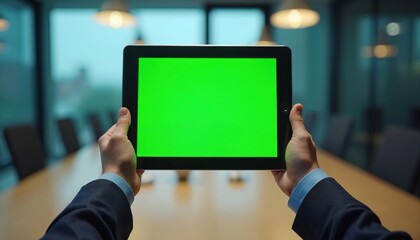 Man in suit holds tablet with green screen over conference table. Business professional uses digital device in modern office. Person prepares for presentation or meeting.