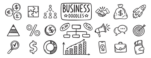 business doodle hand drawn icon set. Outline drawing business line clipart symbol collection