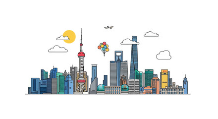Fototapeta premium Shanghai Skyline Illustration with Modern Buildings and Sunny Sky