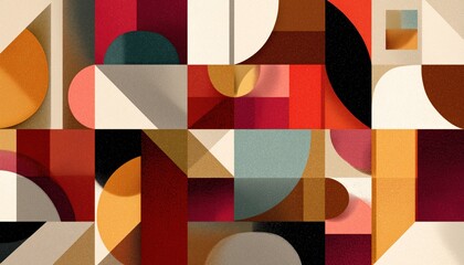 Geometric Mosaic: A Bauhaus-Inspired Pattern With Modern Geometry, Shapes, And Autumn Elements In A Scandinavian Style. Retro 50s And 60s Wallpaper Design.