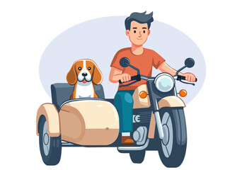 Flat illustration of a young man riding a motorcycle with a sidecar and a dog.