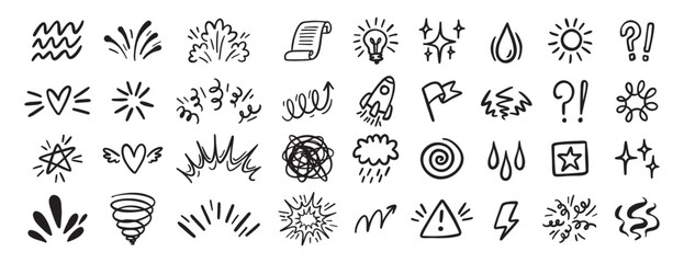 Comic effect icon set, manga doodle elements collection. Retro anime movement, exclamation and emphasis expressions. Doodle emotion of character in comic style