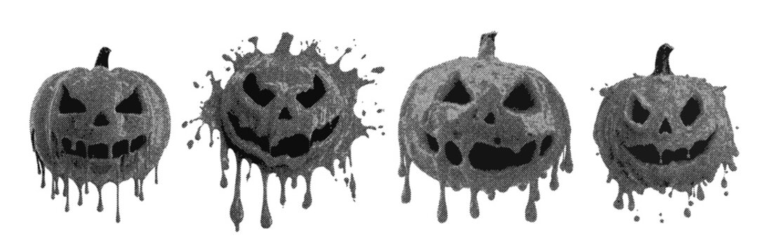 Spooky Halloween jack o lantern halftone graphic elements for horror poster and creepy design projects