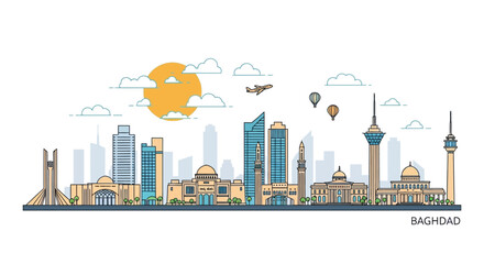 Baghdad city skyline vector art illustration. Modern linear cityscape of Iraq with famous landmarks and monuments for travel concepts
