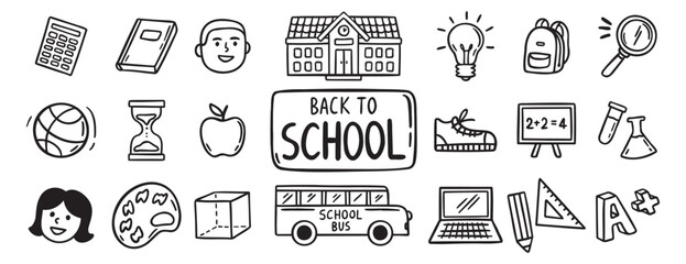 Back to School doodle hand drawn icon set. Outline drawing school items line clipart symbol collection 