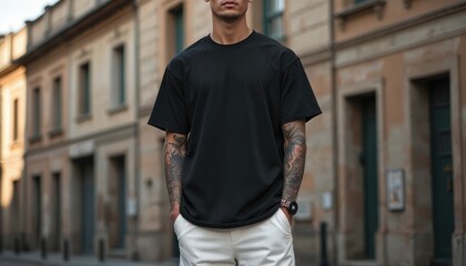 Naklejka na ściany i meble Young man with tattoos wears an oversized black t-shirt and white pants. Streetwear fashion photo captured on urban city street. Model poses confidently, showing off apparel style. Naklejka na ściany i meble Young man with tattoos wears an oversized black t-shirt and white pants. Streetwear fashion photo captured on urban city street. Model poses confidently, showing off apparel style.