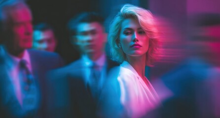 beautiful blonde woman surrounded by blurred business people