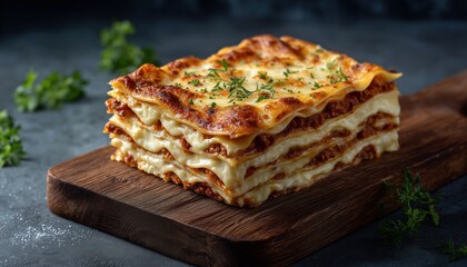 Homemade Italian Lasagna With B&eacute;Chamel Sauce On Gray. Mouthwatering Lasagna Topped With Cheese, Perfect For A Delicious And Comforting Meal.