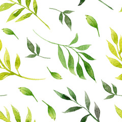 watercolor seamless pattern with green leaves and branches. hand-painted botanical illustration of foliage on transparent background. Repeating design for textile, wallpaper, elegant, minimalist decor