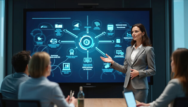 Businesswoman presents digital strategy on big screen in meeting. Team watches presentation. Modern office teamwork, strategy planning, tech business concept.