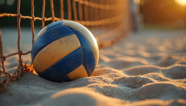 Photo of volleyball on sand near net. Evening light casts shadows across the beach. Team sports equipment resting after game. Summer activity and sport concept.