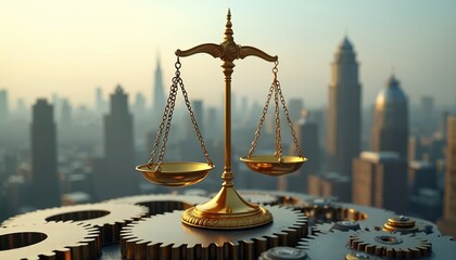 Golden scales of justice rest on intricate metal gears, overlooking a hazy city skyline at dawn. This symbolizes legal balance, fairness, and industrial progress in urban settings.
